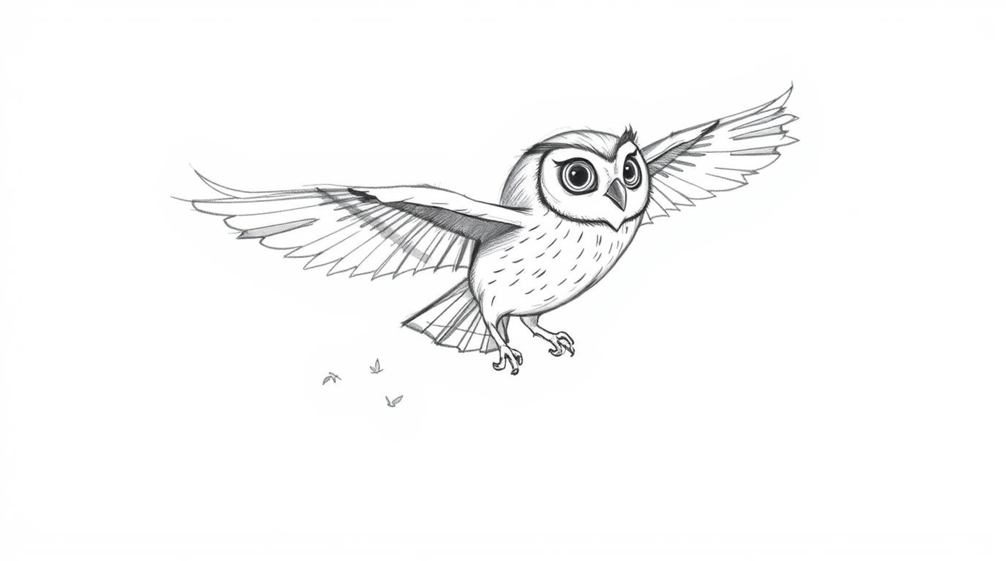 A captivating hand-drawn sketch in the style of Pixar depicts a blind owl, mid-flight with trailing feathers, imparting wisdo