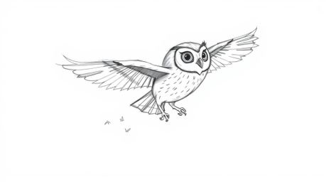 A captivating hand-drawn sketch in the style of Pixar depicts a blind owl, mid-flight with trailing feathers, imparting wisdo