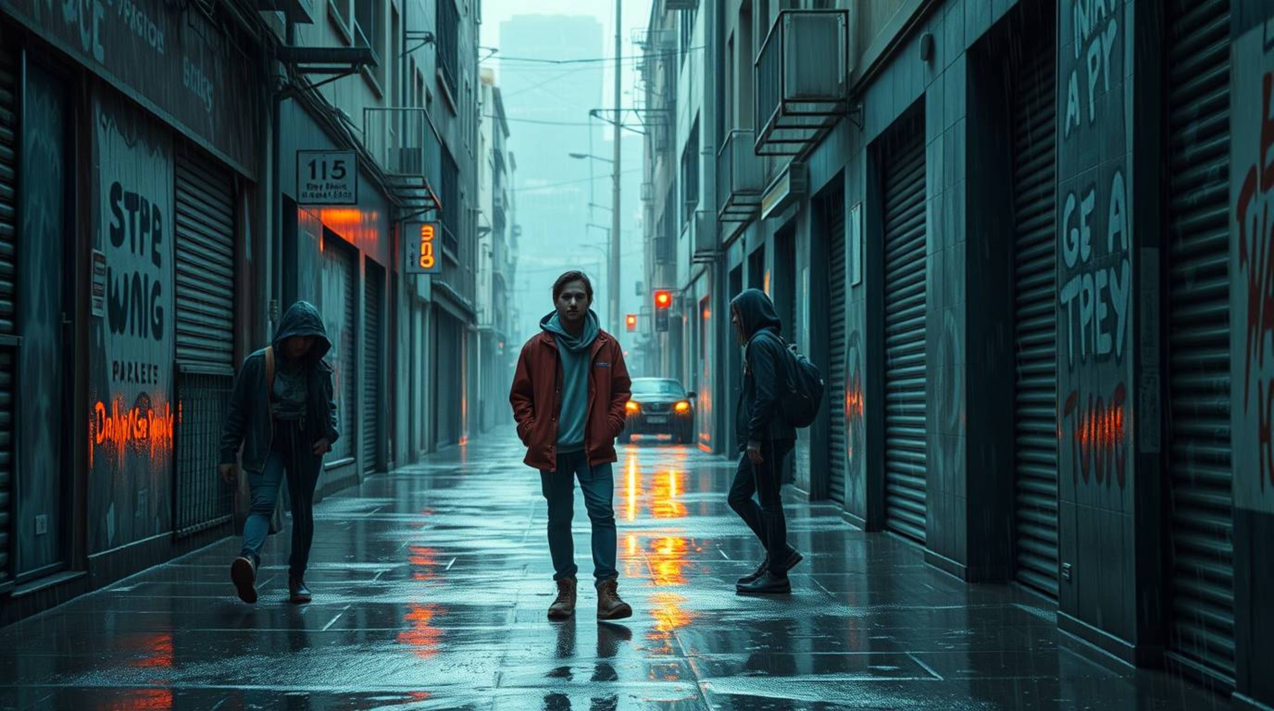 A captivating digital artwork depicting rebellious teenagers in a grungy city alley during a rainy scene.  The image features