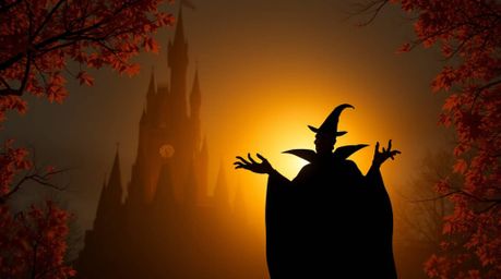 A classic Disney villain is silhouetted against a warm, autumnal backlit castle as they cast a spell. The scene evokes earthy