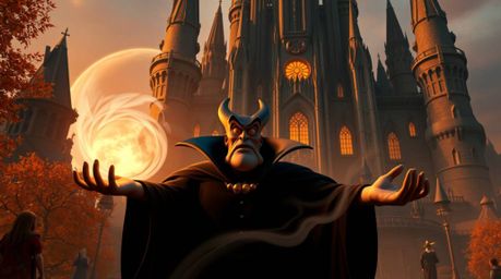 A captivating digital painting depicting a classic Disney villain with exaggerated features and dark complexion, casting a sp
