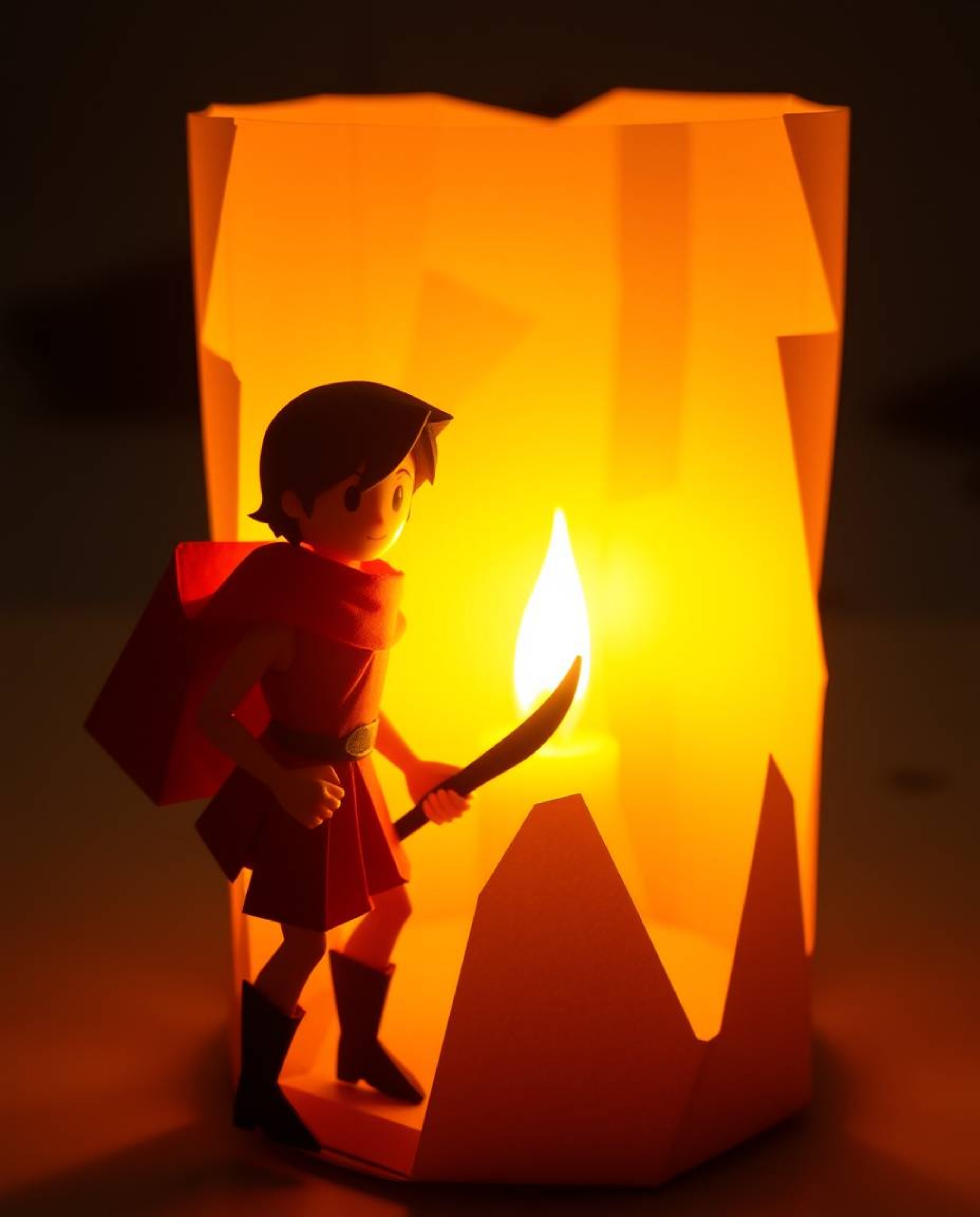 Embark on a breathtaking desert adventure with a brave hero, rendered in a stunning origami style reminiscent of Disney anima