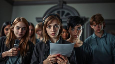 A photograph capturing a group of teenagers deeply engrossed in solving mysteries within a spooky haunted mansion. The image 