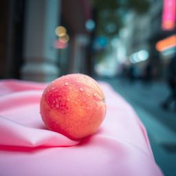 This image captures a high-angle, candid street photography moment focusing on a blushing pink peach resting on pastel pink s