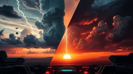 A stunning futuristic sci-fi artwork showcasing a distinct split composition.  The image features dramatic thunderstorm cloud