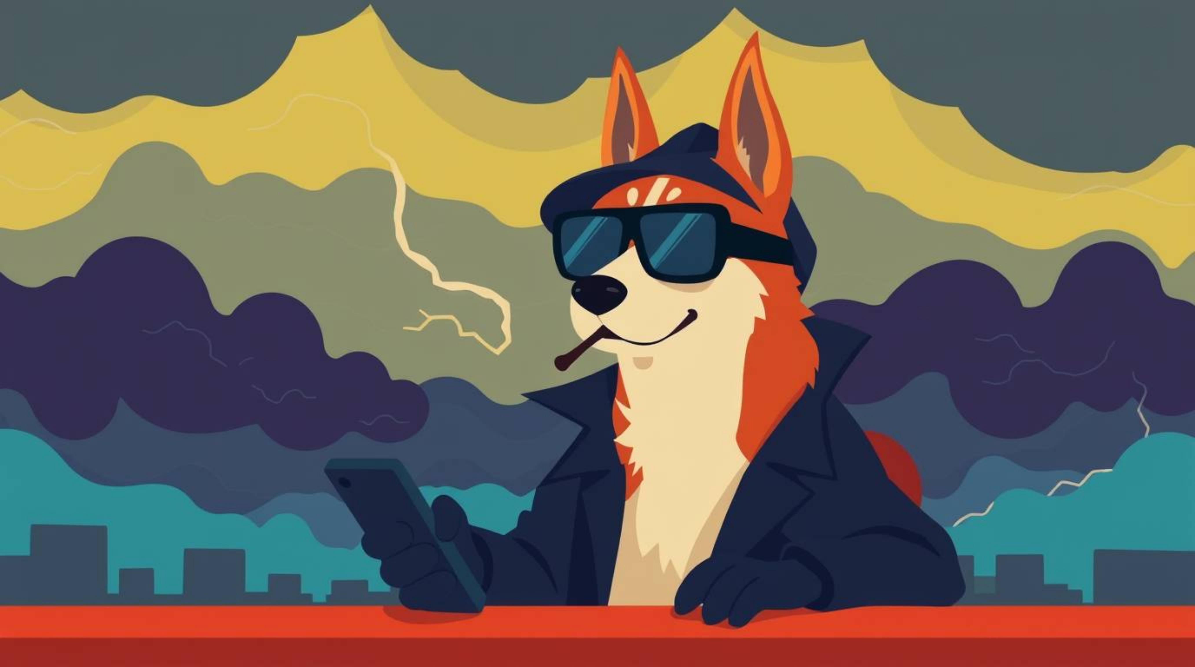 A captivating illustration depicts a dog detective, equipped with high-tech gadgets, against a dramatic stormy backdrop.  Ren