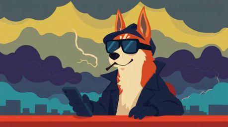 A captivating illustration depicts a dog detective, equipped with high-tech gadgets, against a dramatic stormy backdrop.  Ren