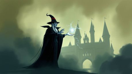 A captivating digital sketch depicts a classic Disney villain casting a spell within the atmospheric ruins of an old castle.