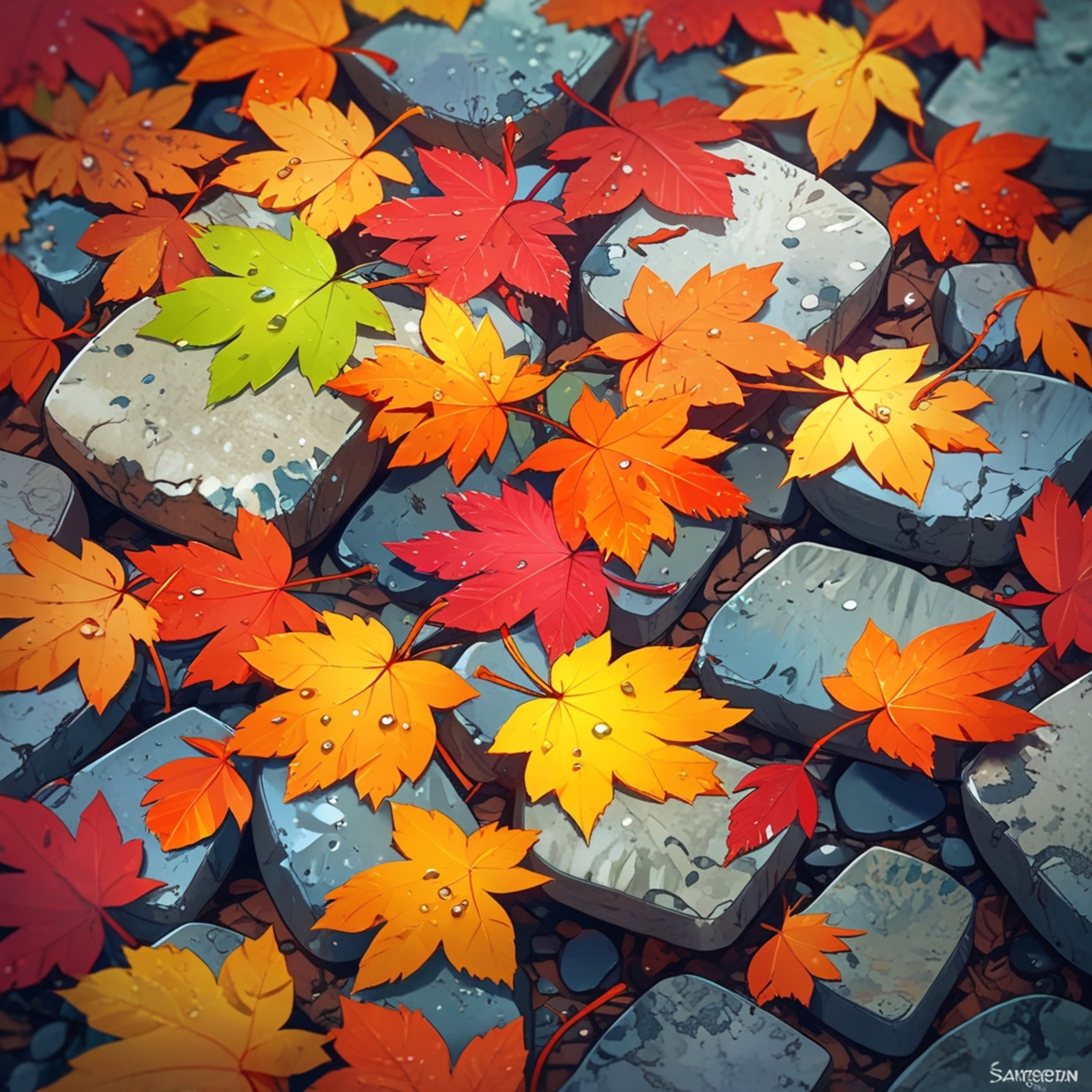A captivating image of colorful autumn leaves glistening with fresh dew droplets, artfully arranged on a weathered stone surf