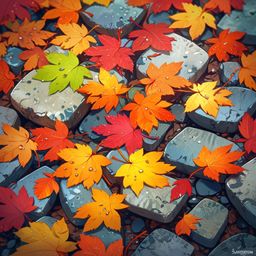 A captivating image of colorful autumn leaves glistening with fresh dew droplets, artfully arranged on a weathered stone surf