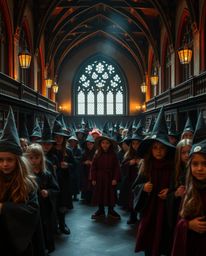 A fine art photograph capturing the enchanting atmosphere of a magical school teeming with young wizards. The image features 