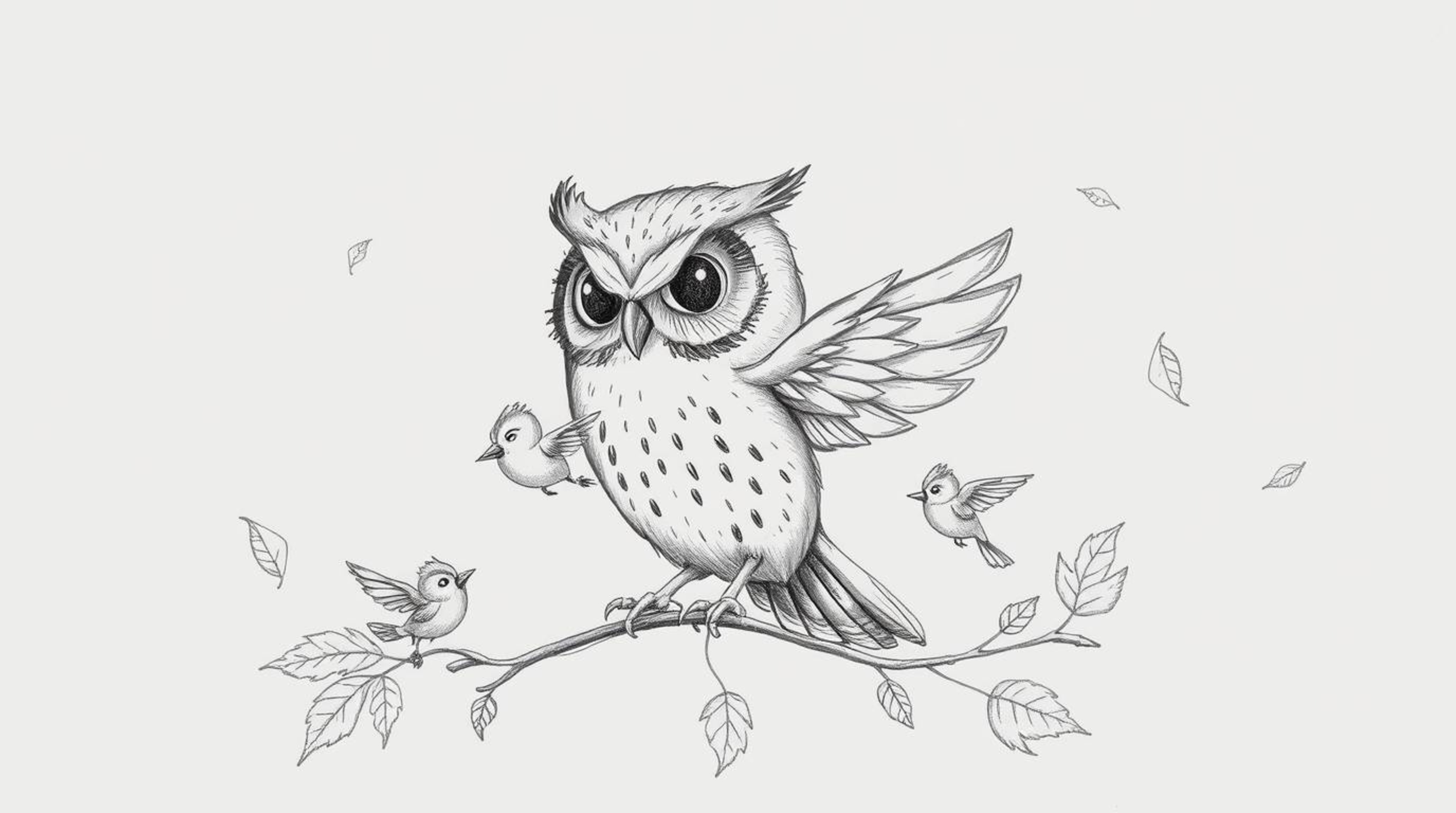 A heartwarming, hand-drawn sketch in the style of Pixar depicts a blind owl with detailed feathers and expressive features.