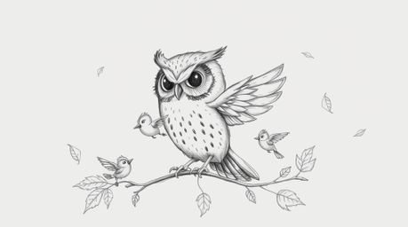 A heartwarming, hand-drawn sketch in the style of Pixar depicts a blind owl with detailed feathers and expressive features.  