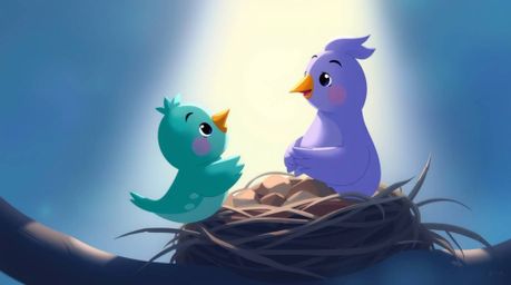 A charming scene depicting two cartoon birds constructing a nest in a classic animation style. The artwork features gentle,