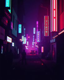 Experience the gritty allure of a cyberpunk street bathed in neon haze and fragmented by pixelated glitches. This image featu