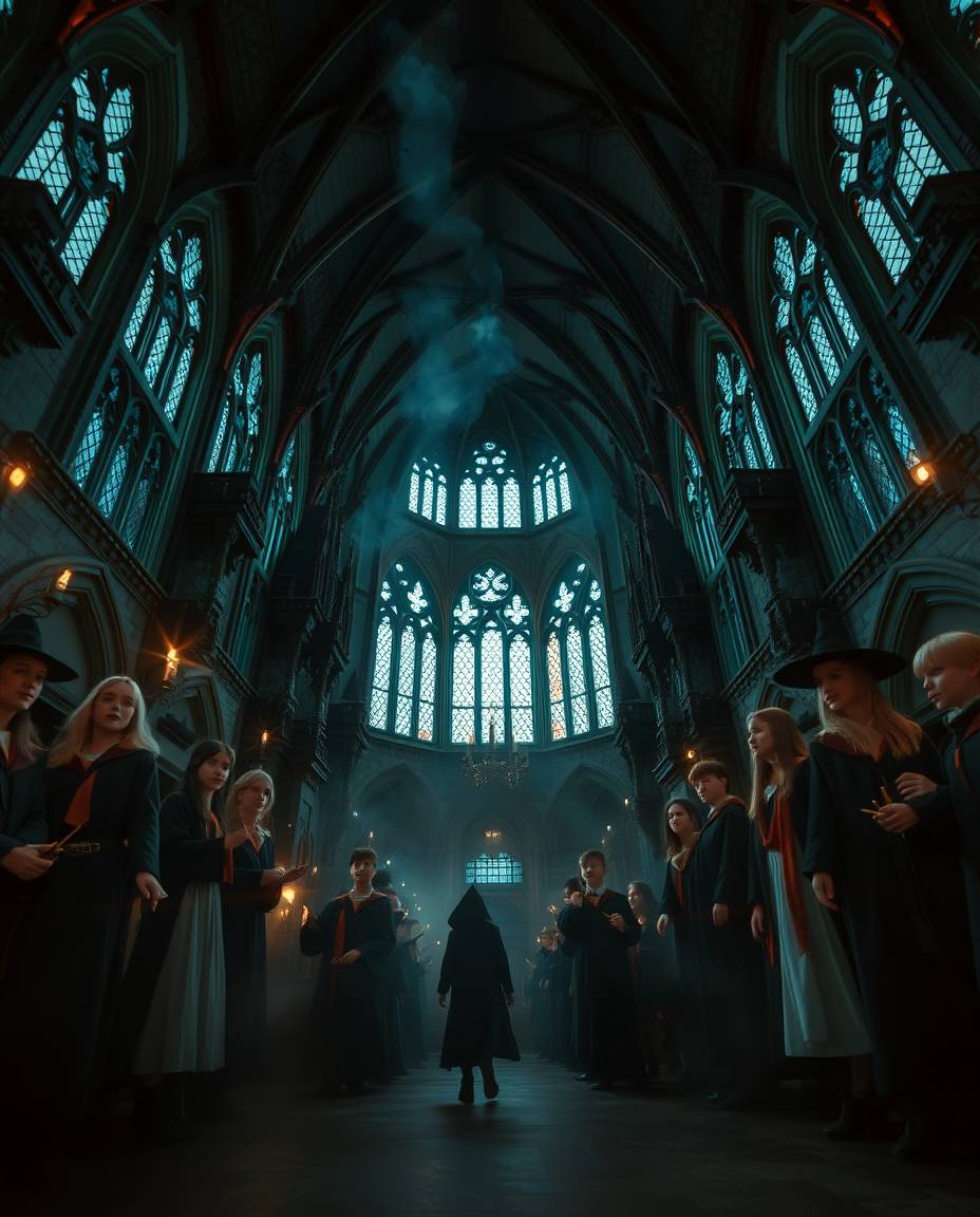 Capture the enchanting essence of a magical school brimming with young wizards. This low-angle perspective emphasizes the sch