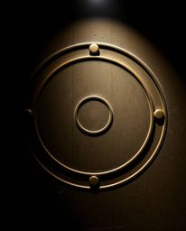 This artwork features a minimalist geometric pattern composed of circles and lines in the iconic Bauhaus style.  The design i