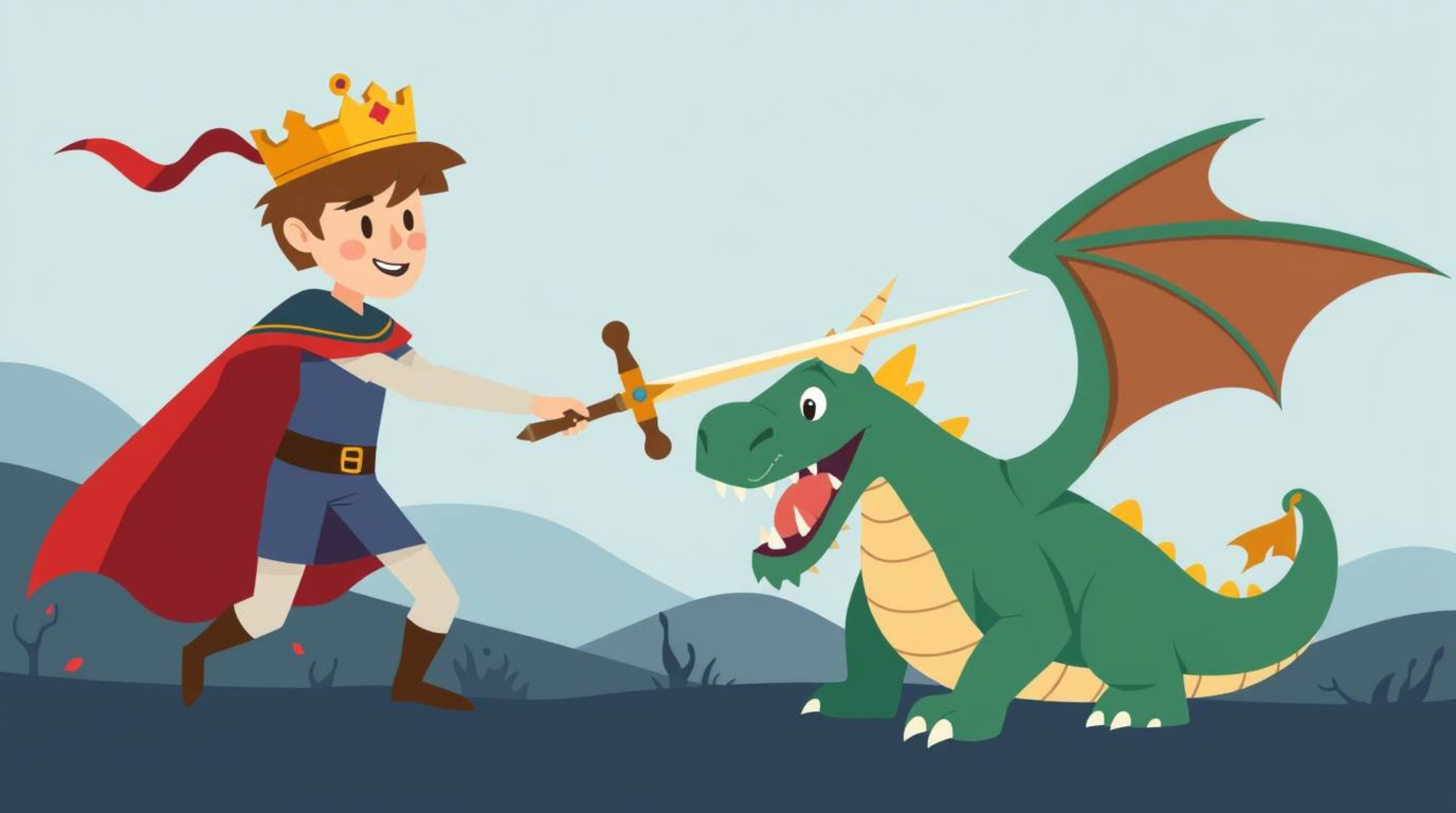 A charming prince, rendered in a simplistic 2D style with flat colors, engages in a thrilling battle against a dragon. This m