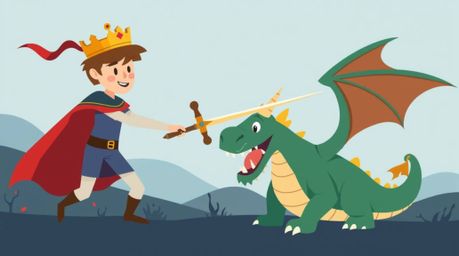 A charming prince, rendered in a simplistic 2D style with flat colors, engages in a thrilling battle against a dragon. This m