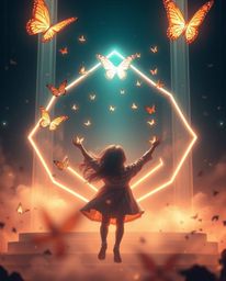 An epic scene depicts a modern, futuristic logo of a girl releasing butterflies into the air.  The image features geometric s