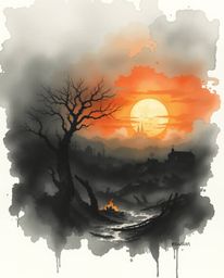 A captivating watercolor painting depicts a delicate yet unsettling sunrise over a war-torn landscape.  The artwork features 