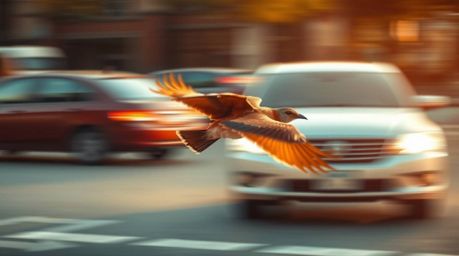 A stunning high-resolution image capturing a fast-running bird sharply in focus as it zooms past softly blurred traffic. Bath