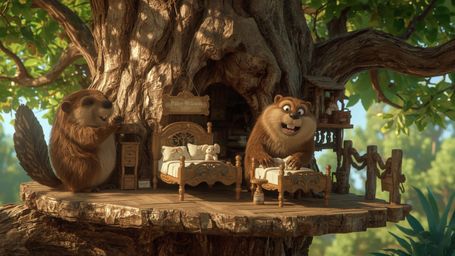 A highly detailed, high-resolution stock photo captures a busy beaver, with bright, expressive eyes, building an intricate, w