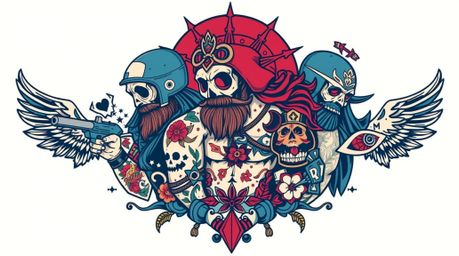 This vibrant art print showcases a team of misfit heroes, each adorned with unique and richly symbolic tattoos.  Rendered in 