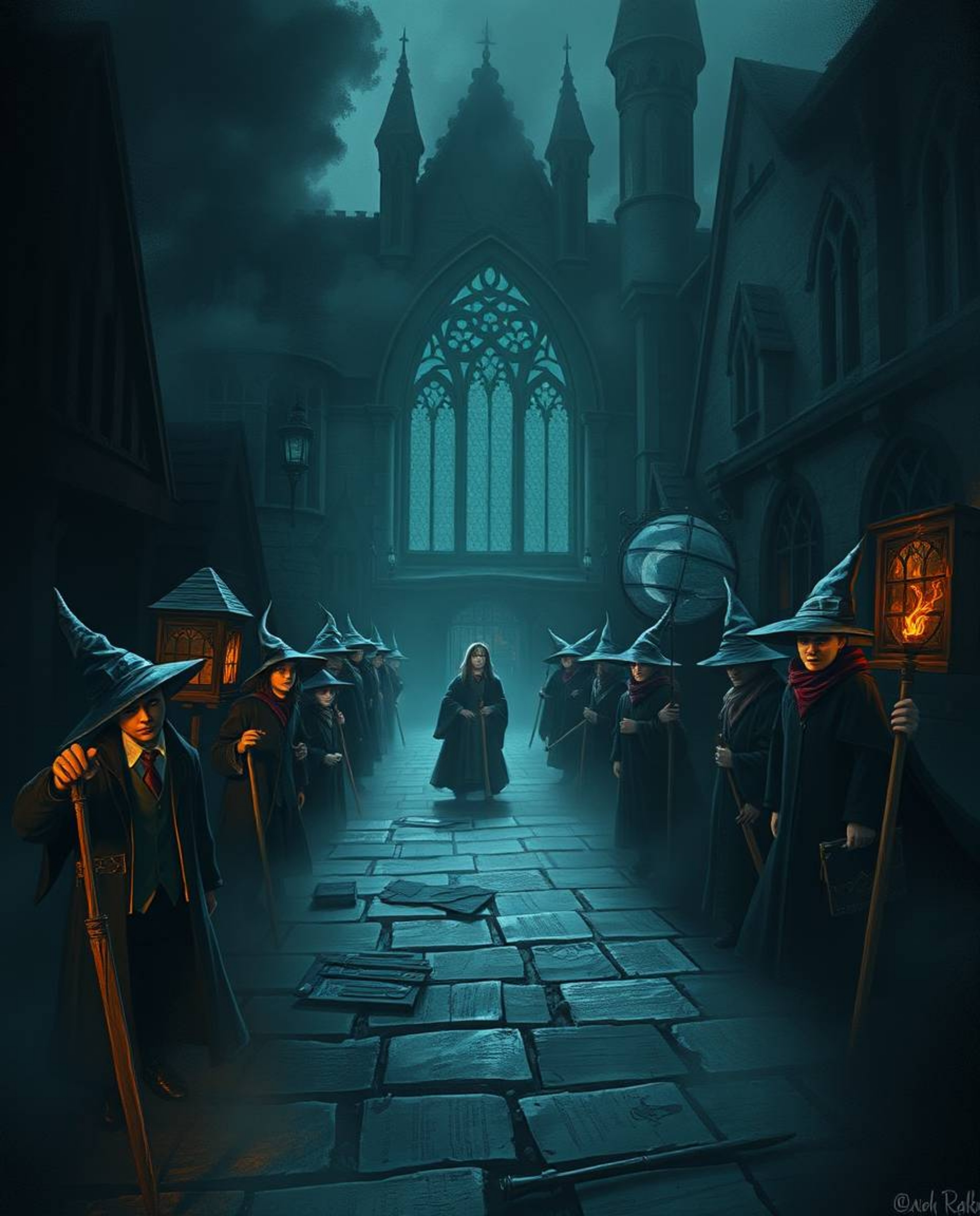 Explore a captivating magical school brimming with young wizards. Rendered in a moody, low-contrast style, the imagery empha