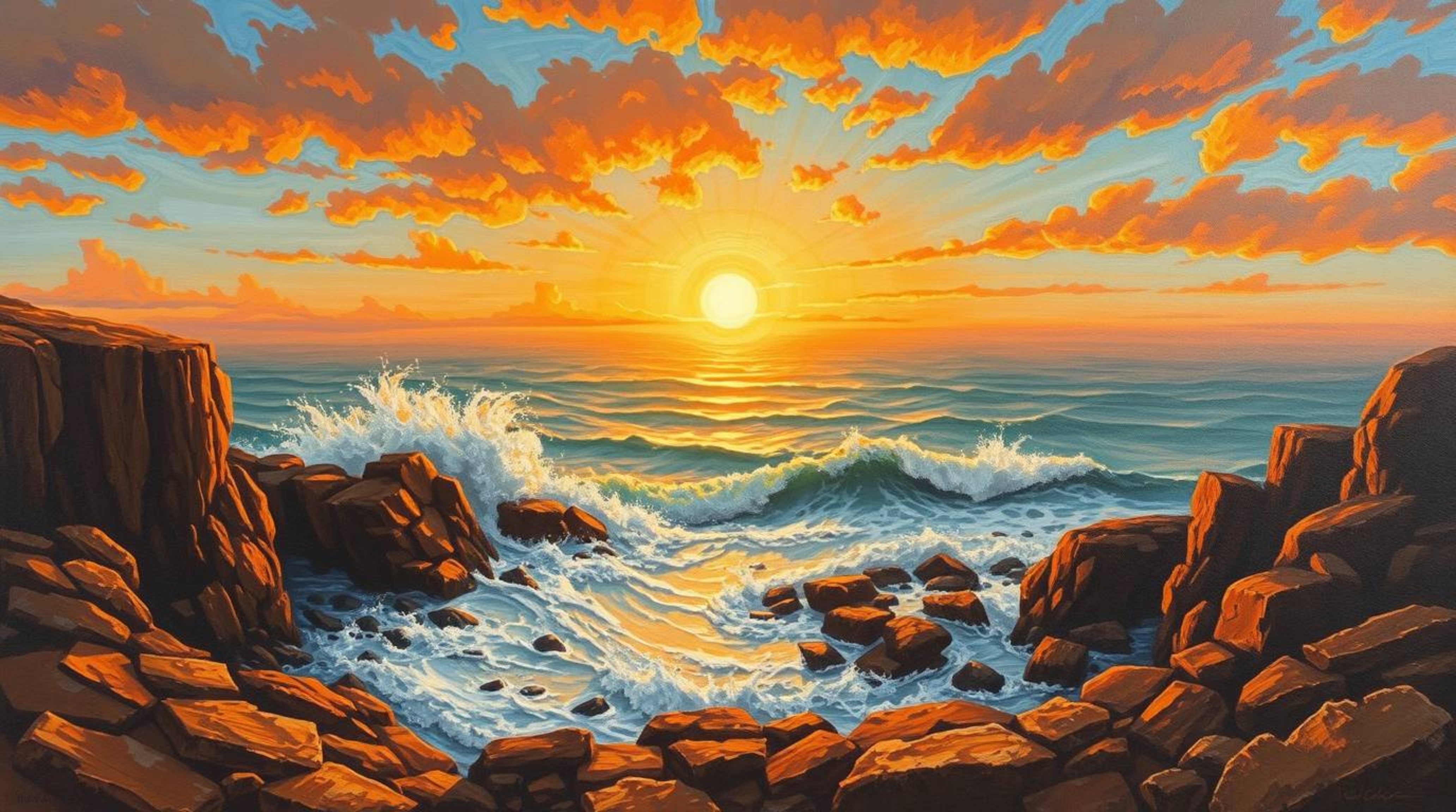 This stunning oil painting captures the raw power of waves crashing against rugged cliffs beneath a blazing sunset sky. Warm 