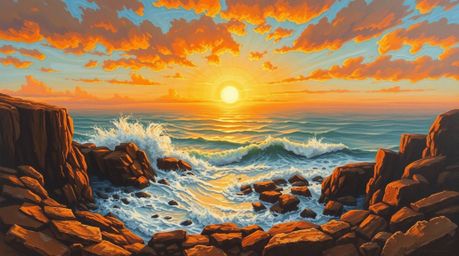 This stunning oil painting captures the raw power of waves crashing against rugged cliffs beneath a blazing sunset sky. Warm 