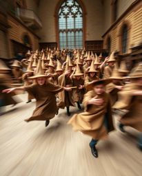 Explore a magical school brimming with young wizards, captured in dynamic motion with blurred lines and action poses. The sc