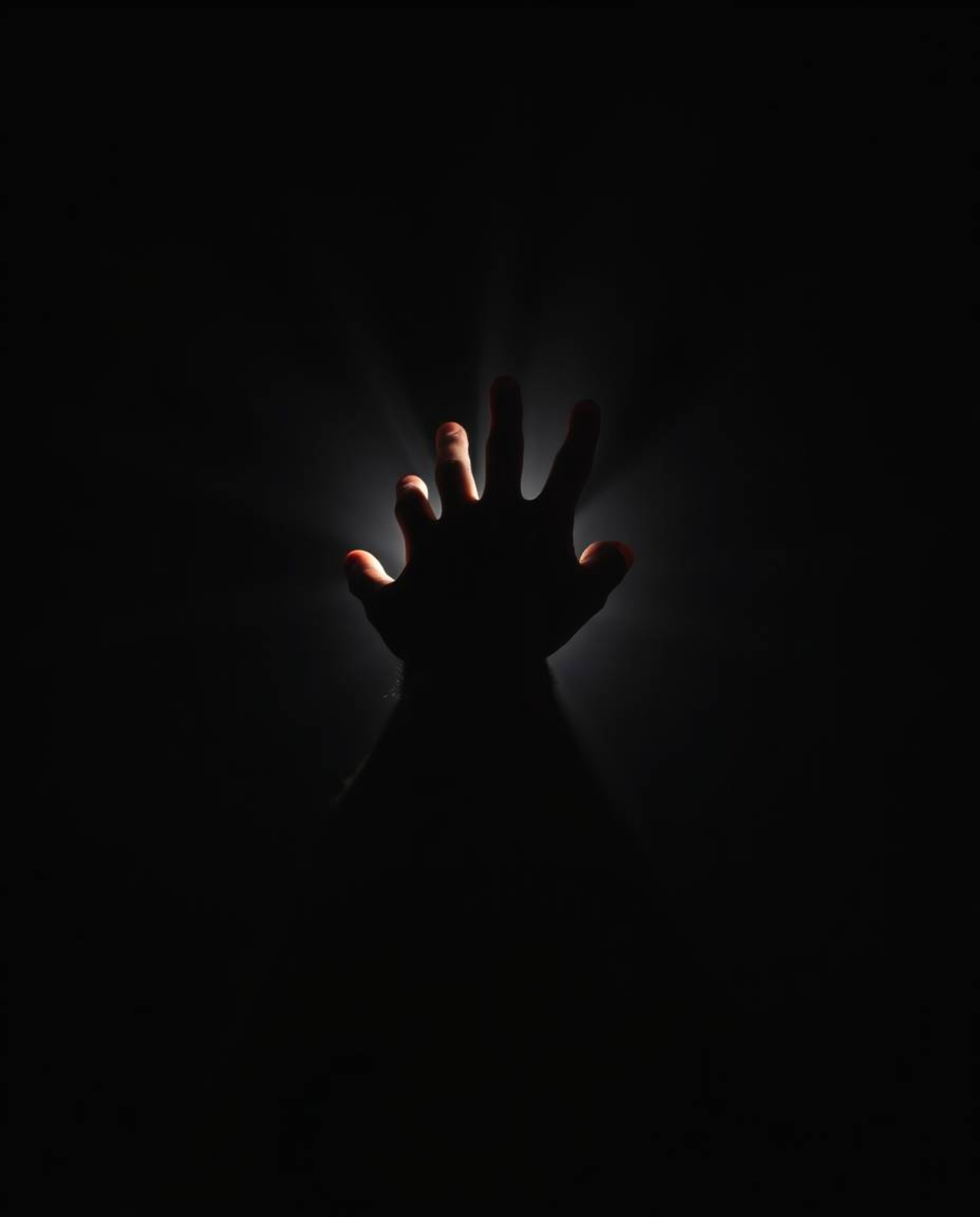 A captivating image showcasing a hand extending towards a light source emerging from profound darkness.  The high-angle persp