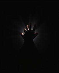 A captivating image showcasing a hand extending towards a light source emerging from profound darkness.  The high-angle persp