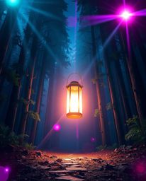 Discover a breathtaking image of a glowing lantern illuminating a dark forest, a scene brimming with heroic elements and vibr