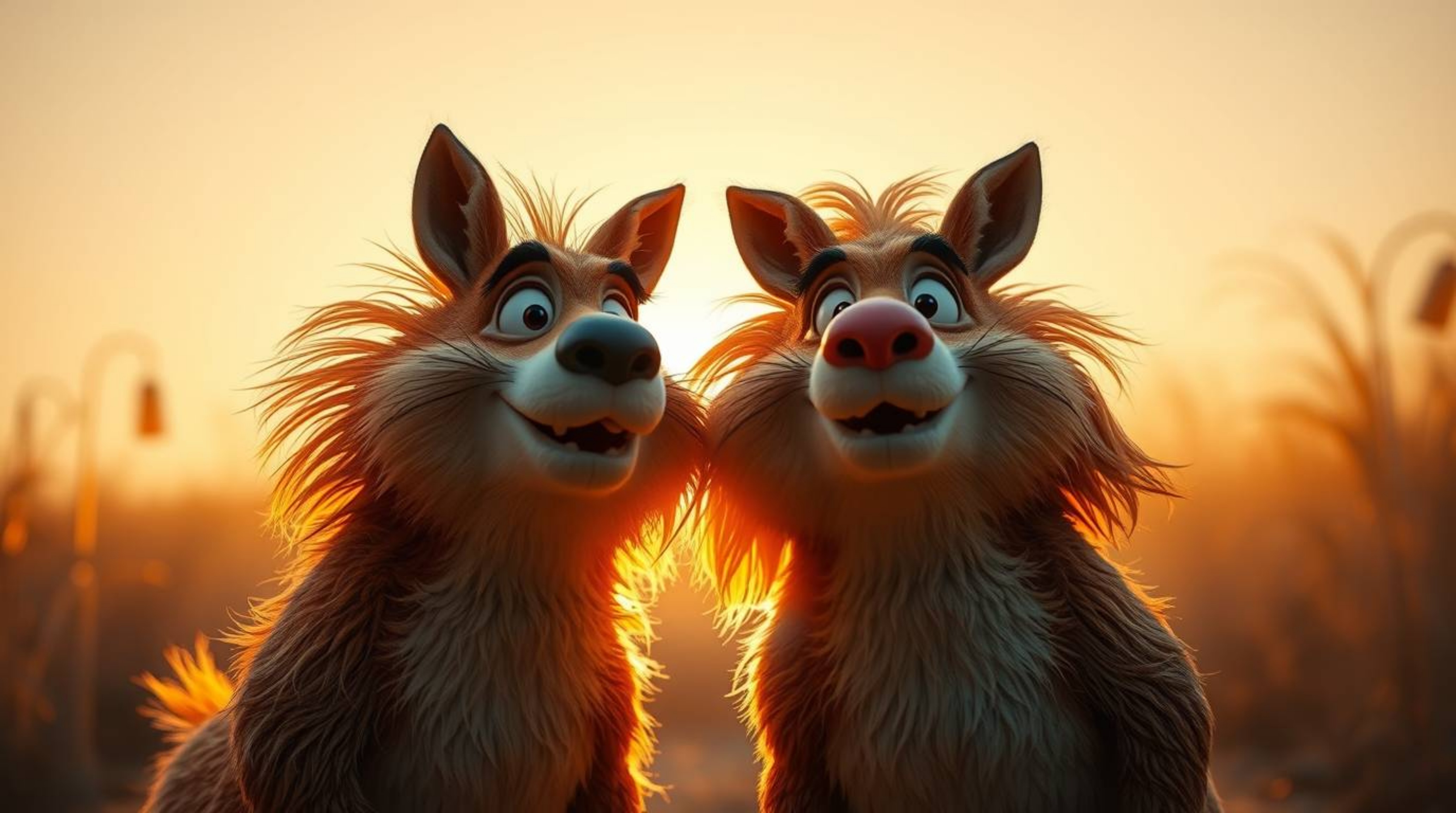 A mischievous pair of talking animals, bathed in a warm, golden light, engage in playful antics.  This vibrant scene, capture