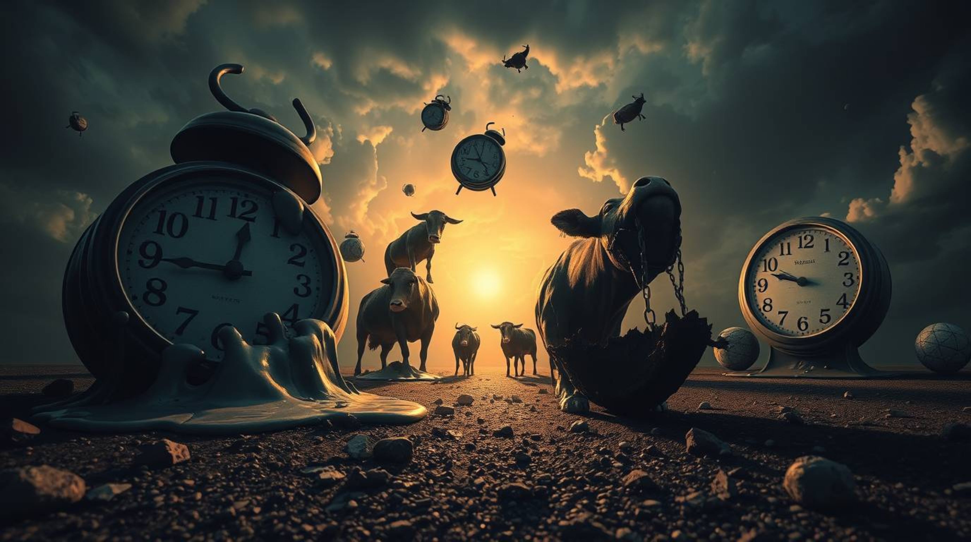 A captivating surreal dreamscape unfolds, featuring melting clocks and floating cows from a low angle.  Intense dramatic ligh