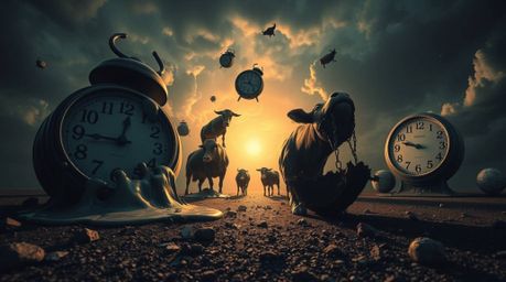 A captivating surreal dreamscape unfolds, featuring melting clocks and floating cows from a low angle.  Intense dramatic ligh