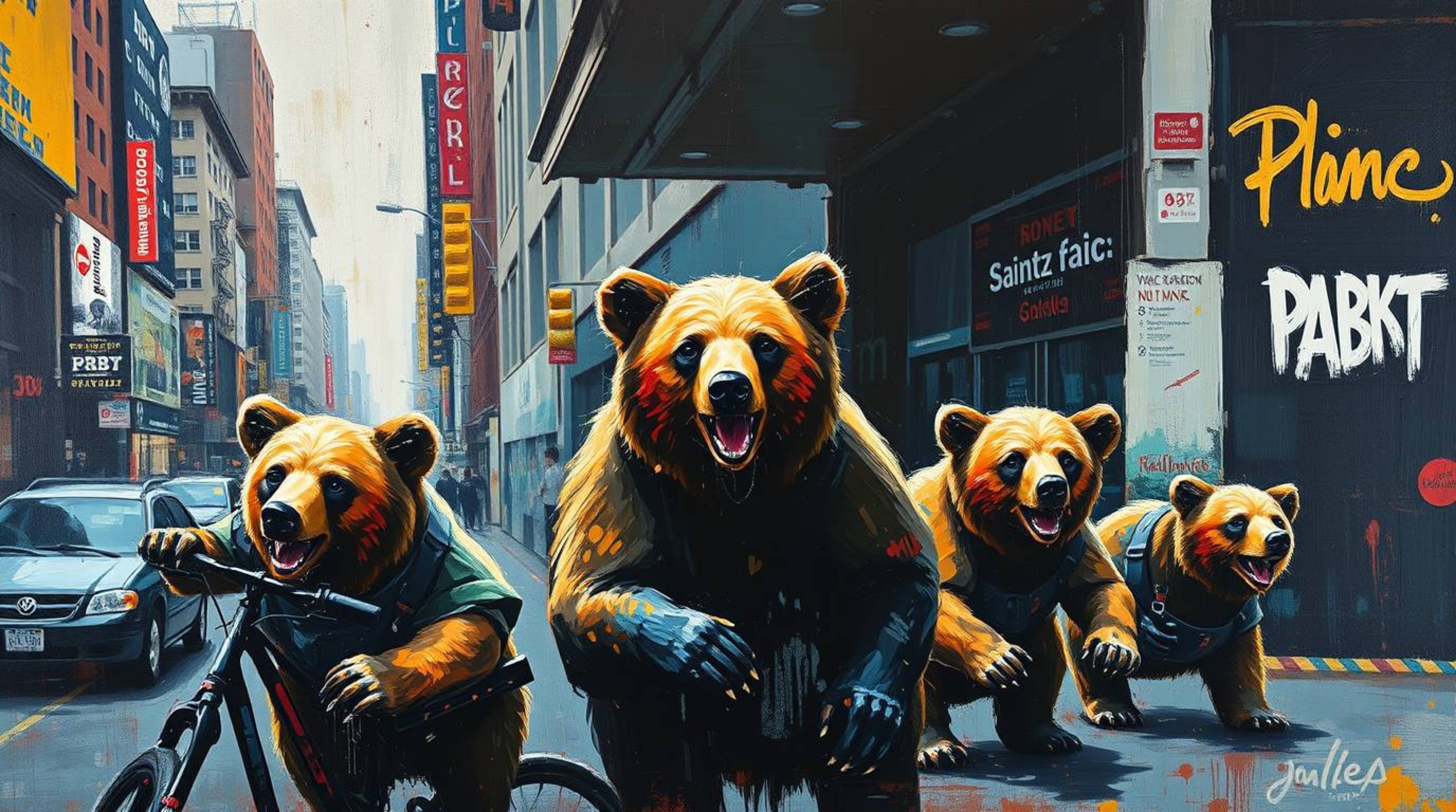 A captivating acrylic painting depicts a bear family embarking on an unexpected urban adventure.  The artwork features a bold