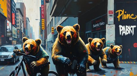 A captivating acrylic painting depicts a bear family embarking on an unexpected urban adventure.  The artwork features a bold