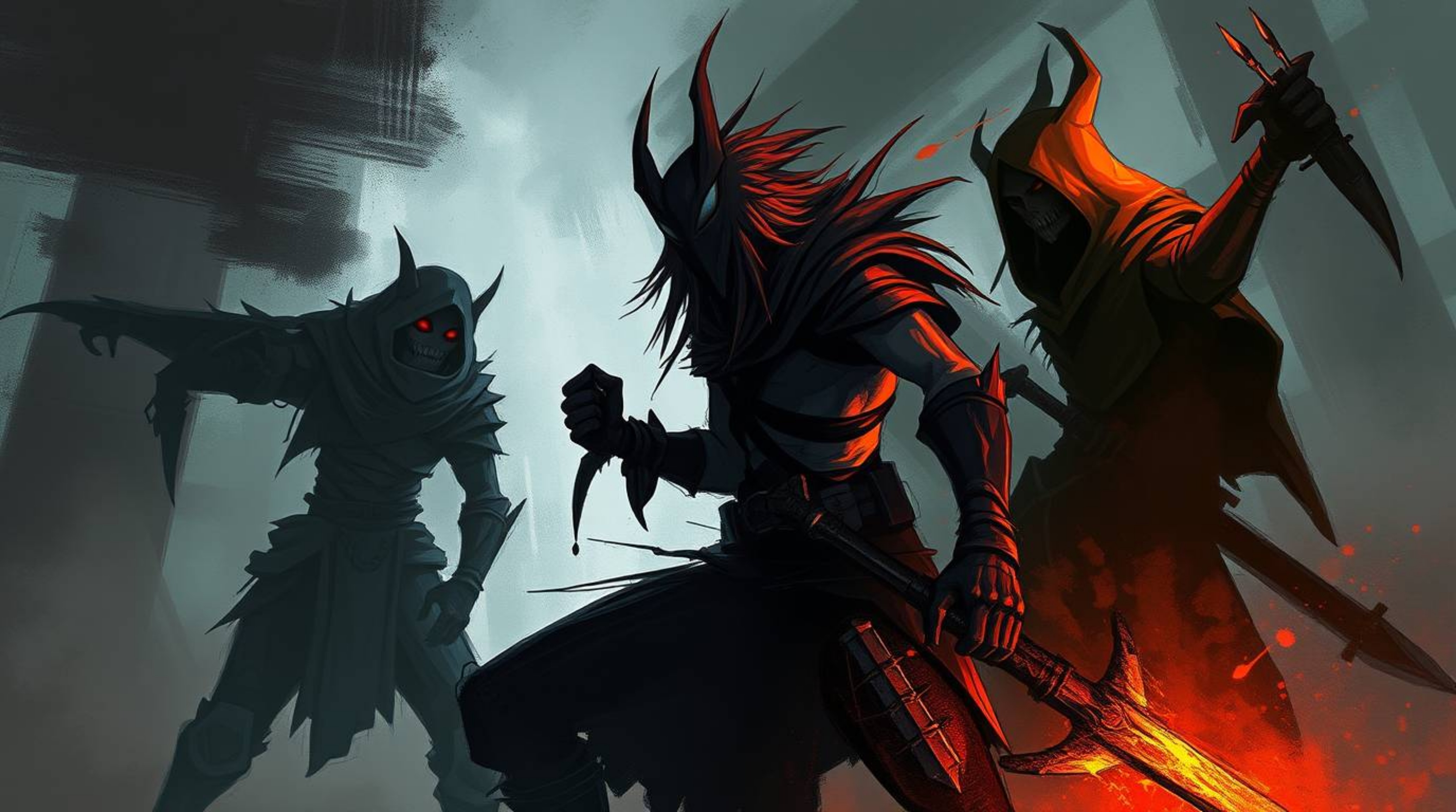 A dynamic digital painting showcases a team of misfit heroes, their formation captured in loose, painterly strokes.  Epic col