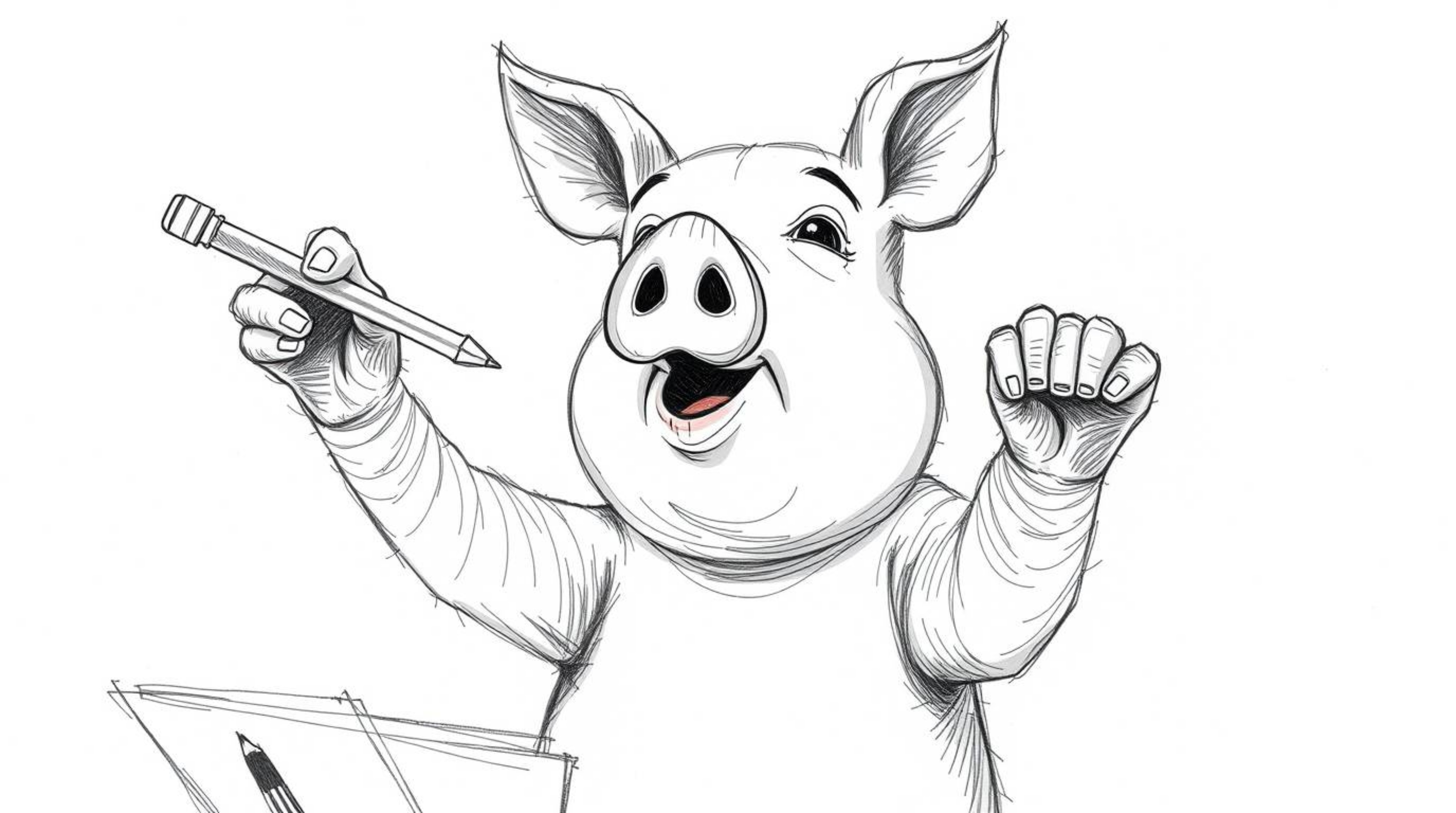 An extreme close-up, hand-drawn sketch depicts a charming pig character attempting to conduct an orchestra. The artwork featu