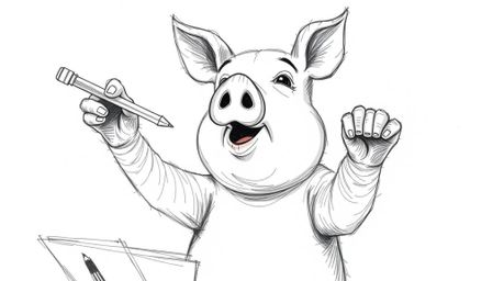 An extreme close-up, hand-drawn sketch depicts a charming pig character attempting to conduct an orchestra. The artwork featu