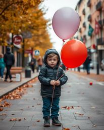 A captivating candid street photograph showcasing a child joyfully holding a balloon.  The image is rich with warm autumnal c