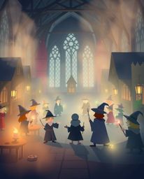 Discover a whimsical magical school brimming with young wizards, depicted in a charming, modern flat design.  Soft, hazy ligh