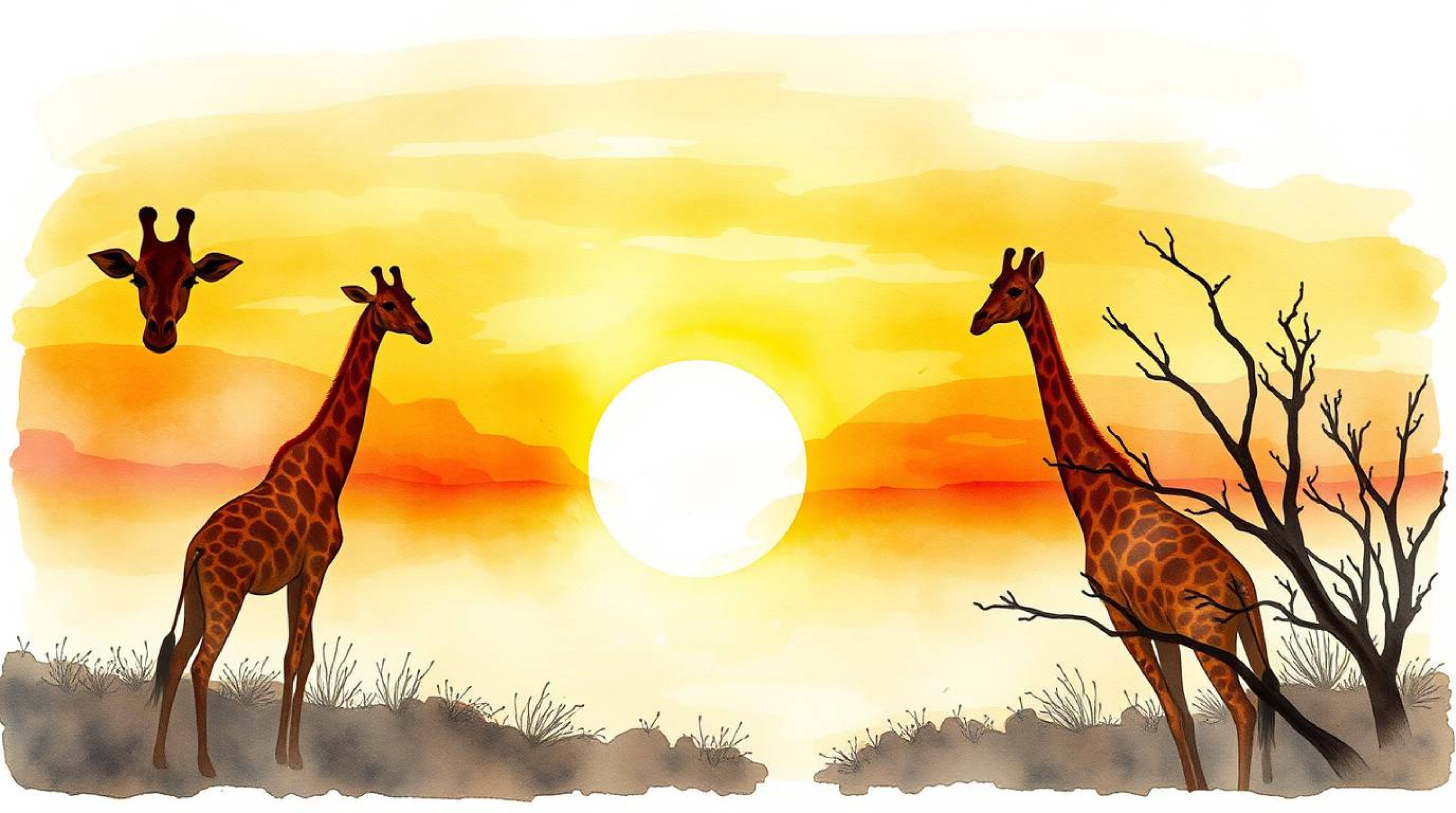 This delicate watercolor painting captures a stunning high-angle view of a savanna sunset. Silhouetted giraffes stand gracefu