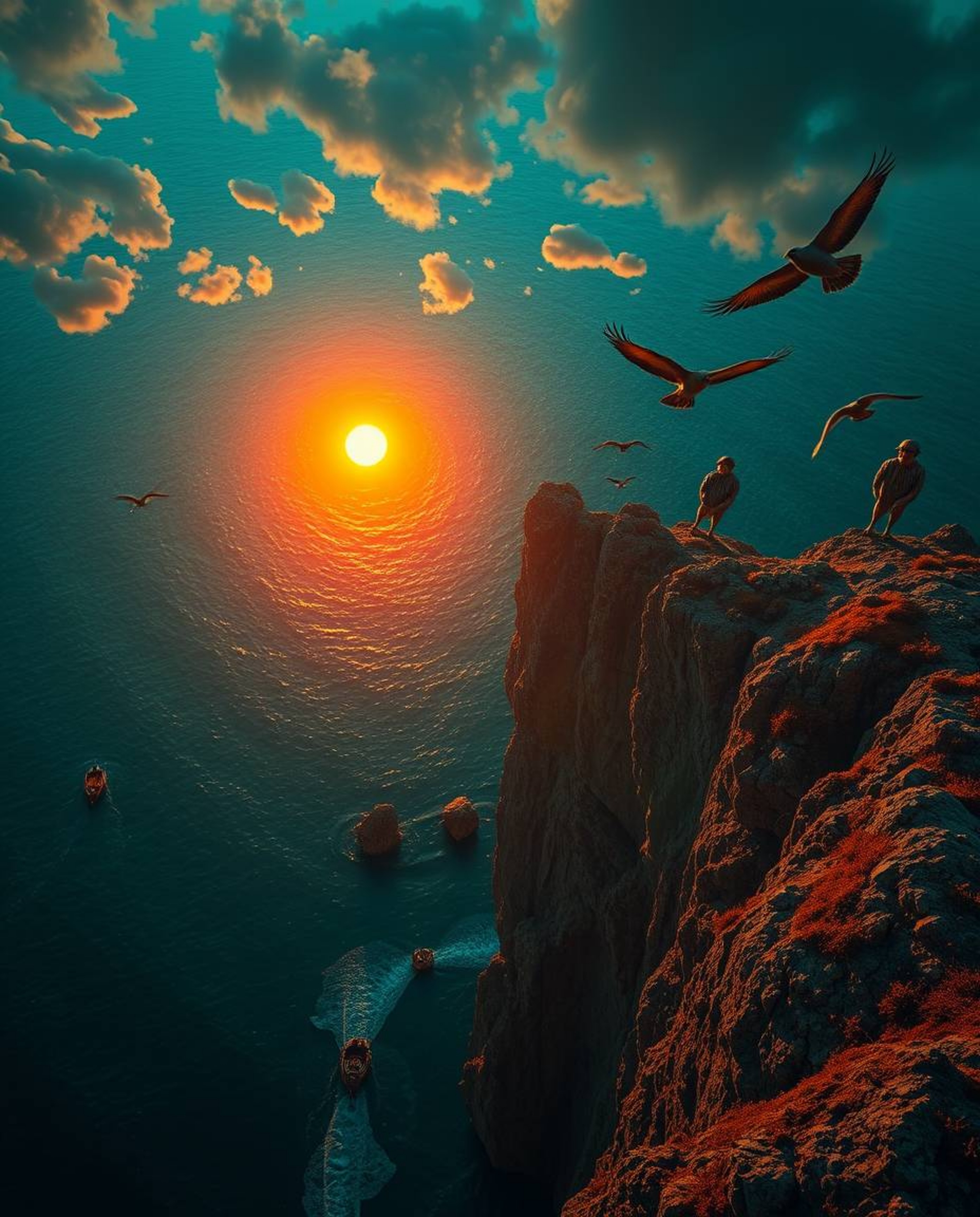 A surreal overhead bird’s-eye view image captures a sunset over a coastal cliff, rendered in rich teal tones. This unique per
