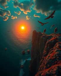 A surreal overhead bird’s-eye view image captures a sunset over a coastal cliff, rendered in rich teal tones. This unique per