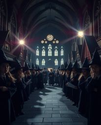 A moody and captivating image showcasing a magical school bustling with young wizards, expertly rendered with striking bright