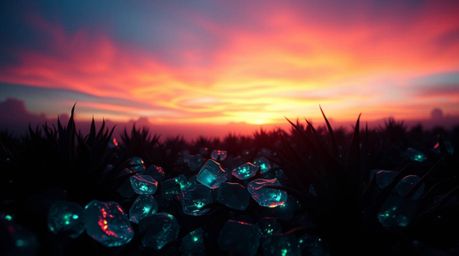 Experience a breathtaking cinematic image featuring iridescent colors dancing over glowing bioluminescent elements. This artw